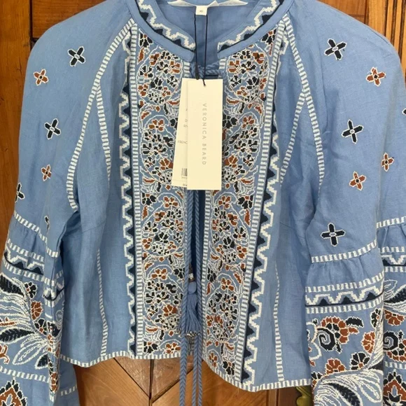 Veronica Beard Rivoli Cropped Embroidered Tassel Tie Balloon Sleeve Jacket - Picture 3 of 4